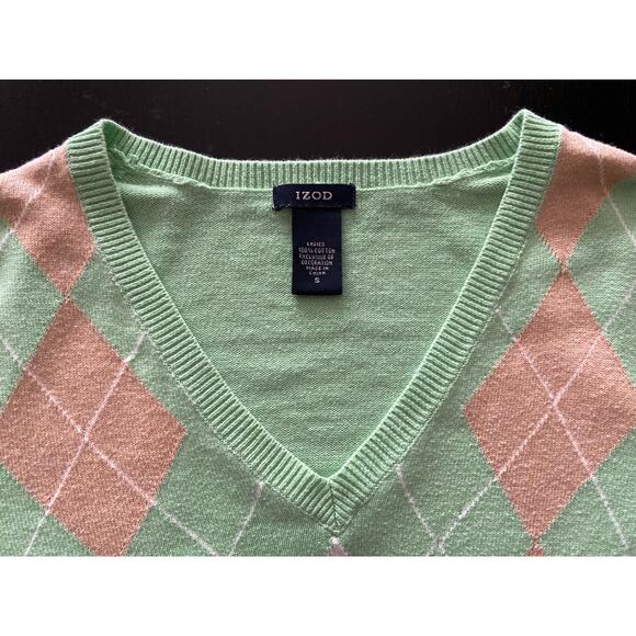 IZOD Pastel Green Argyle V-Neck Sweater sz S - Picture 5 of 11